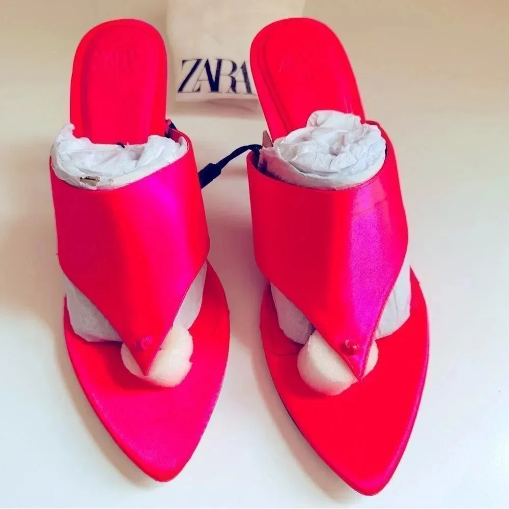 NWT Zara Satin Effect Neon Pink High Heel Sandals - Picture 6 of 9